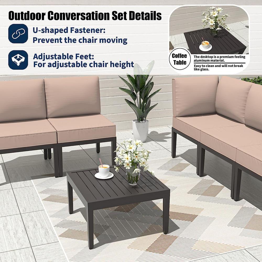 Kullavik Aluminum Patio Furniture Set,14 Pieces Modern Outdoor Conversation Set, Outdoor Metal Sectional Sofa with Thick Cushion and Coffee Table,Sand