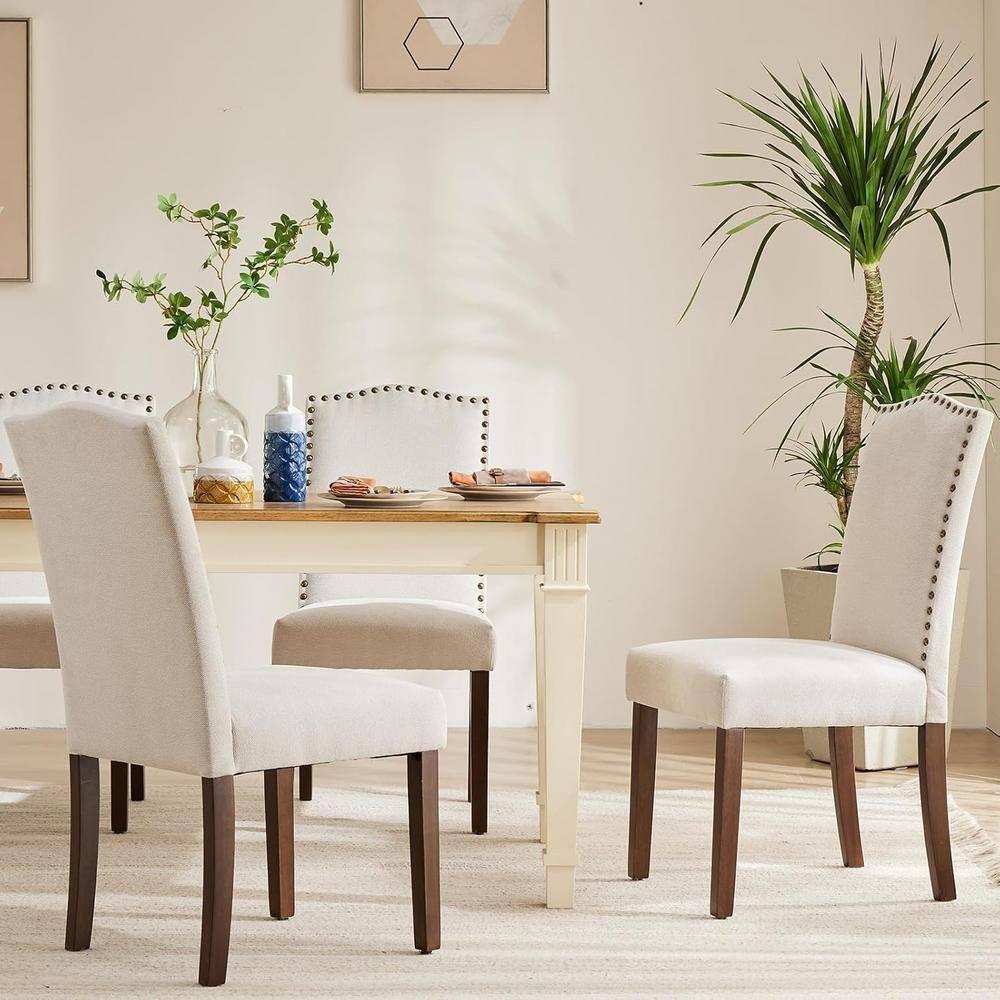 Beige Upholstered Fabric Dining Chairs (Set of 2) with Nailhead Trim and Wood Legs for Living Room Kitchen