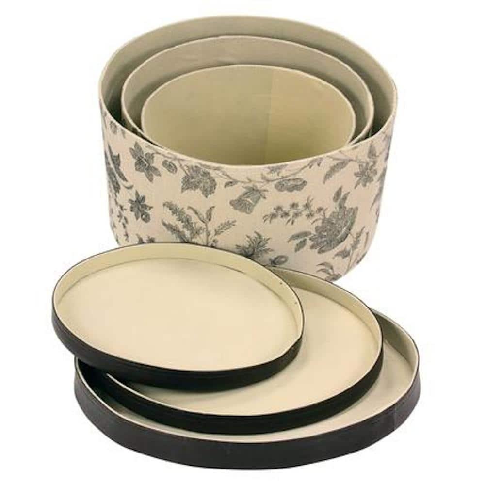 Round Hat Boxes with Lids, Detailed Floral Print with Faux Leather Lids, Large, Medium and Small, Black and Tan