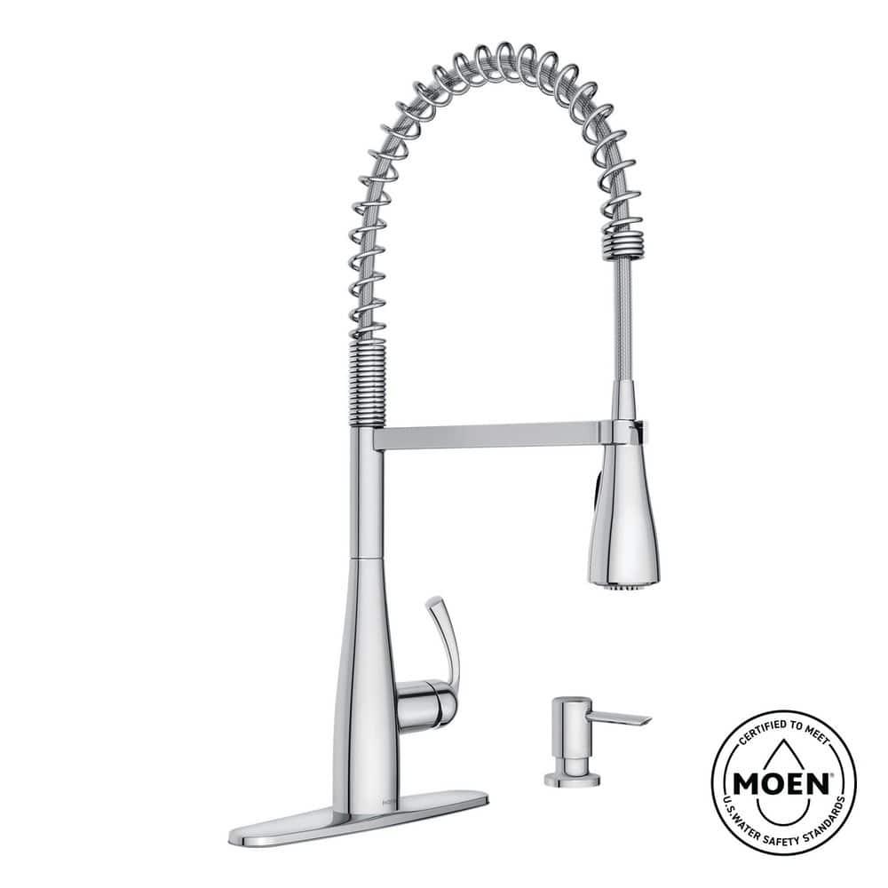 Moen Essie Pre-Rinse Spring Pull Down Single Handle Kitchen Faucet with Power Clean Technology and Soap Dispenser