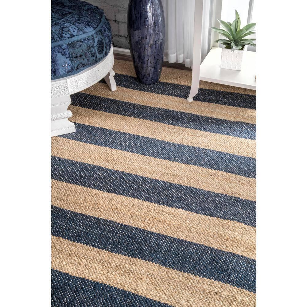 Nuloom Alisia Striped 5x8 Jute Indoor Area Rug for Dining Room Rug Neutral Rug Living Room Rug Kitchen, Denim/Tan