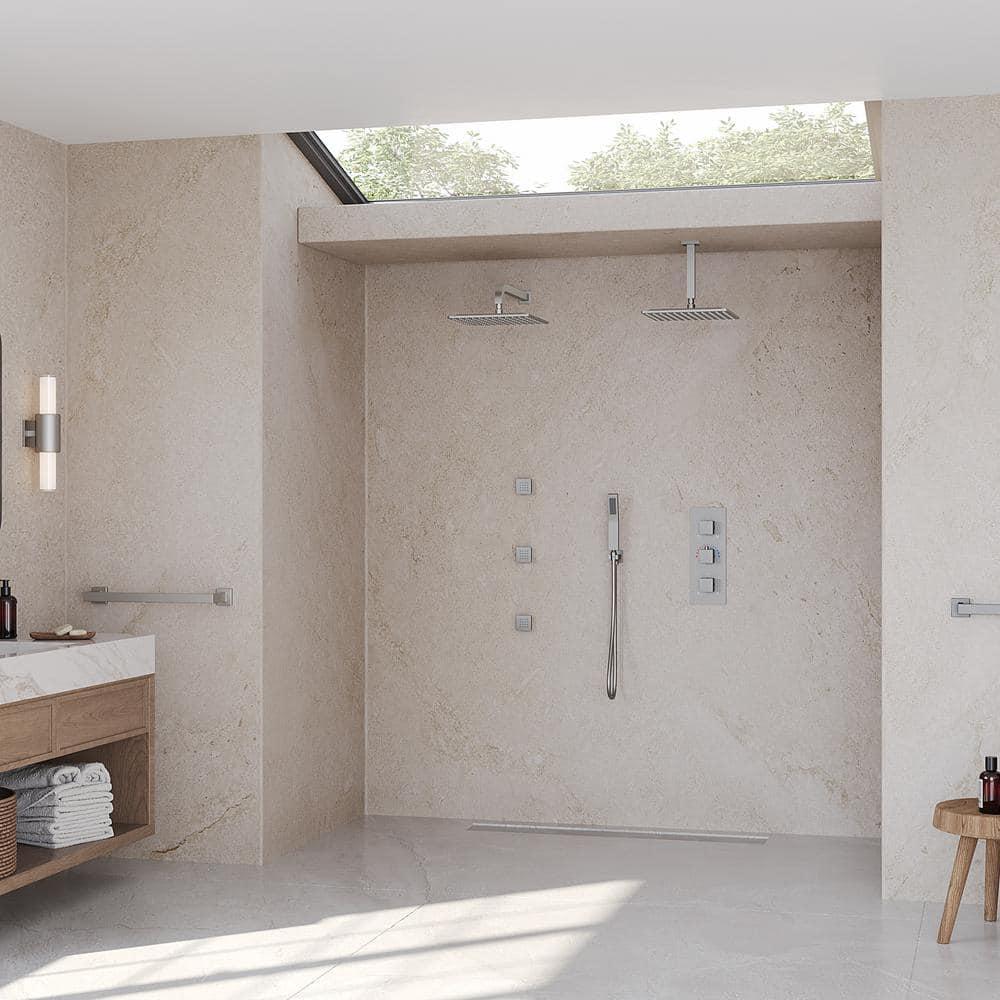 Thermostatic Dual Heads with 12" Rain Shower Faucet, Hand Shower and 3 Body Jets Matte Black