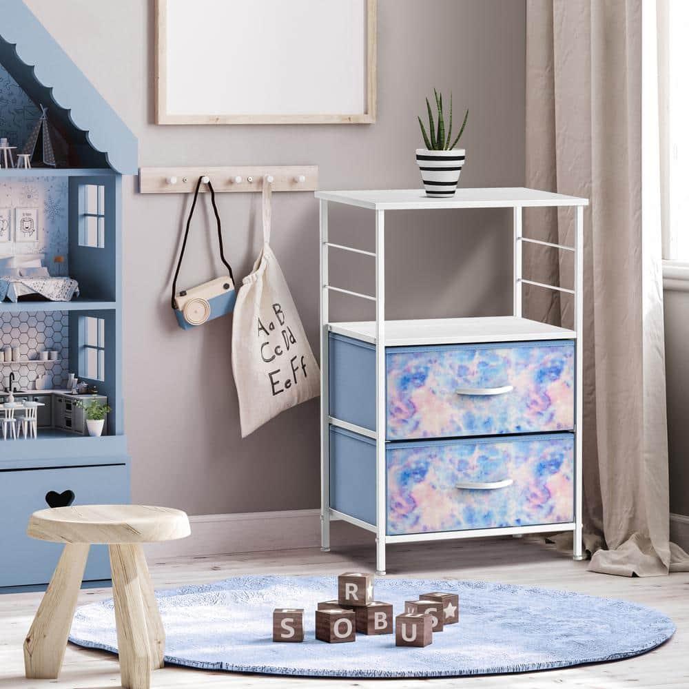 Sorbus Sorbus 2 Drawers and Shelves Nightstand with Steel Frame, Wood Top & Fabric Bins in Tie Dye Blue