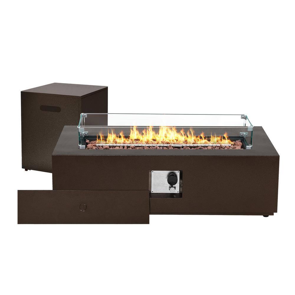 UPHA 42-inch Outdoor Propane Rectangle Fire Pit Table 50000 BTU Iron Gas FirePit for Outside Patio with Tank Cover, Removable Lid, Lava Rocks, Rain Cover, Brown