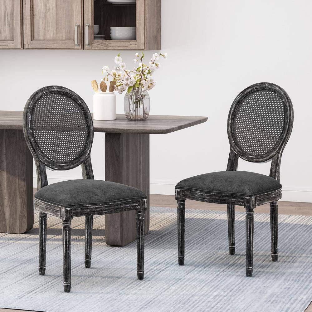 Noble House Acorn French Wood and Cane Upholstered Dining Chair, Set of 2, Gray