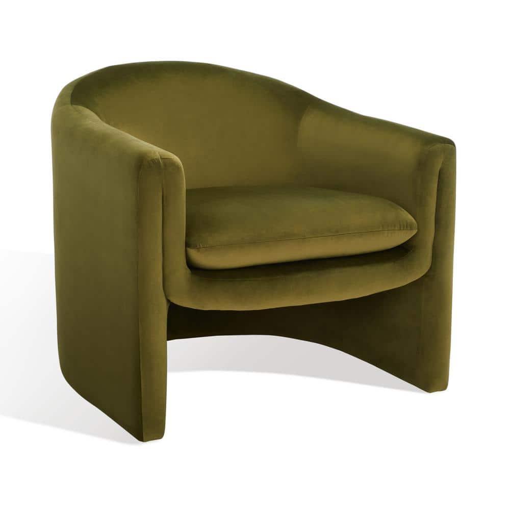 SAFAVIEH Couture Laylette Collection Modern Wood Fabric Foam Metal Solid Print Accent Chair, Olive Green