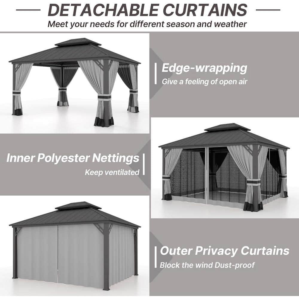Kozyard Kozyard Alexander Gray Double Roof Hardtop Gazebo with Privacy Curtain Mosquito Netting