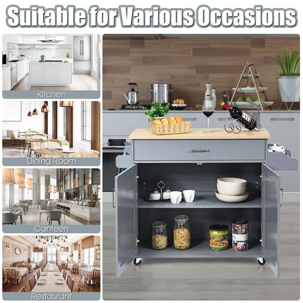 Costway Kitchen Island 44" Rolling Kitchen Cart with Drawer Adjustable Shelf Spice Rack Gray