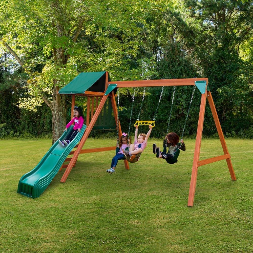 Swing-N-Slide Ranger Plus Wooden Backyard Swing Set with Slide, Climbing Wall and Swings, Swing Set for Backyards