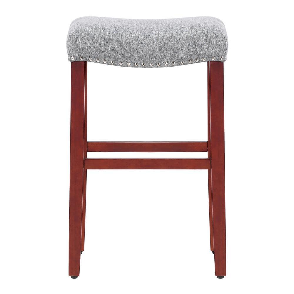 Polytrends Jameson Upholstered Polyester 29" Bar Stool with Cherry Legs - (Set of 2) Cherry/Gray
