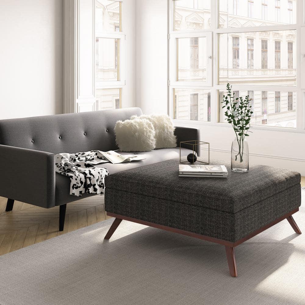 Simpli Home Owen 36"W Upholstered Square Coffee Table Storage Ottoman with Lift Top and Solid Wood Legs