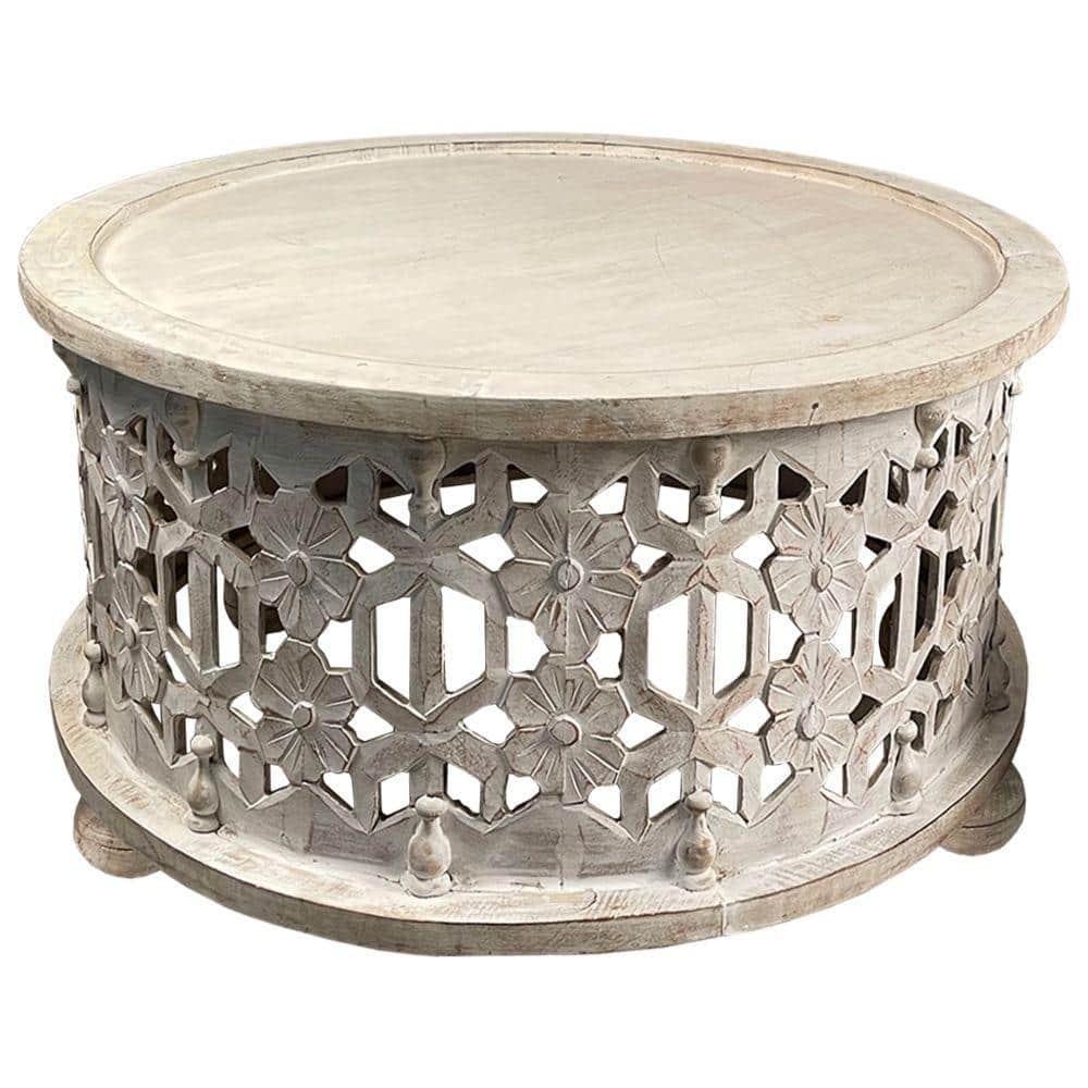 16 x 30 x 30 in. 2 Piece Wooden Round Coffee Table Set with Floral Cut Out Design, Antique White
