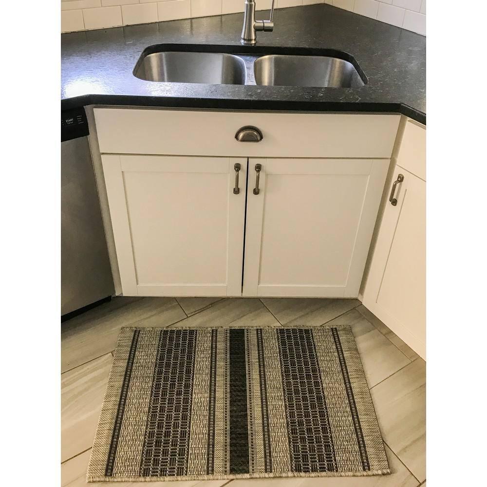 Grey and Black Stripe Synthetic Rectangular Rug