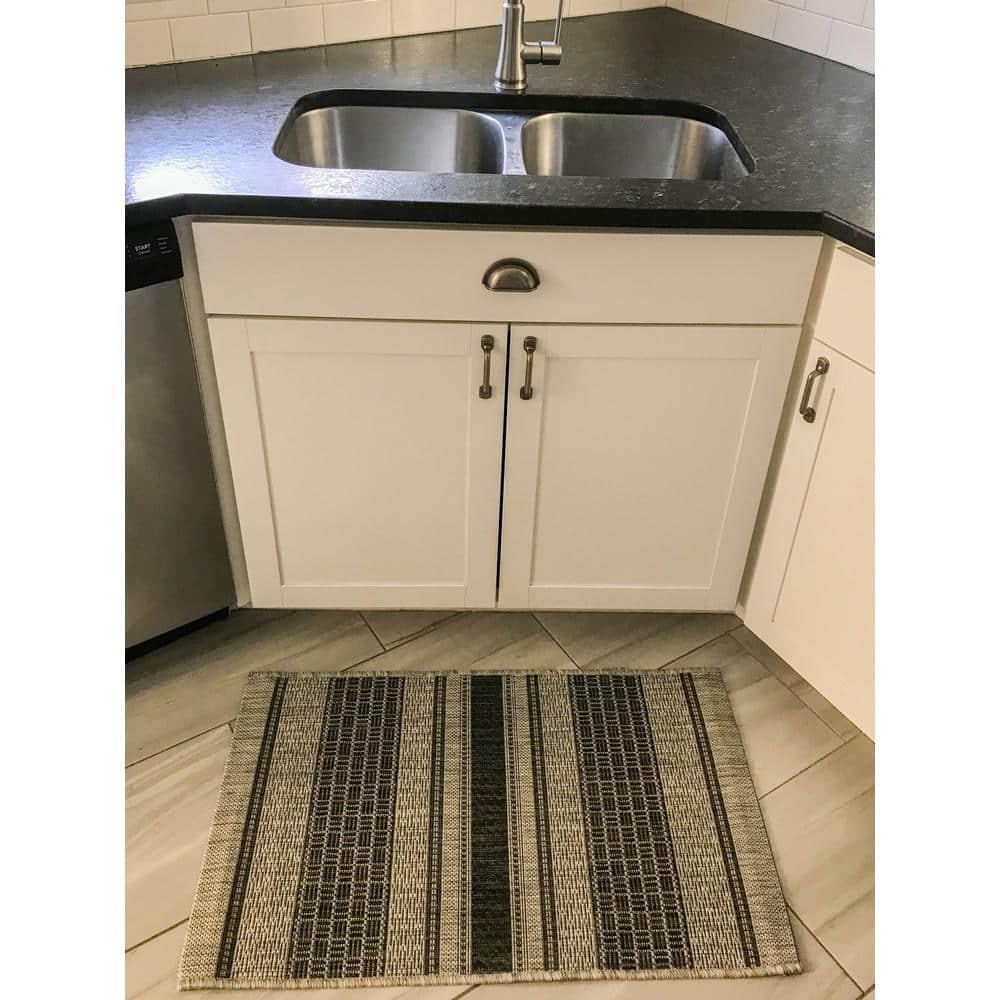 Silveria Patio Gray/Black 1 ft. 10 in. x 3 ft. Modern Distress Striped Indoor/Outdoor Rectangle Area Rug