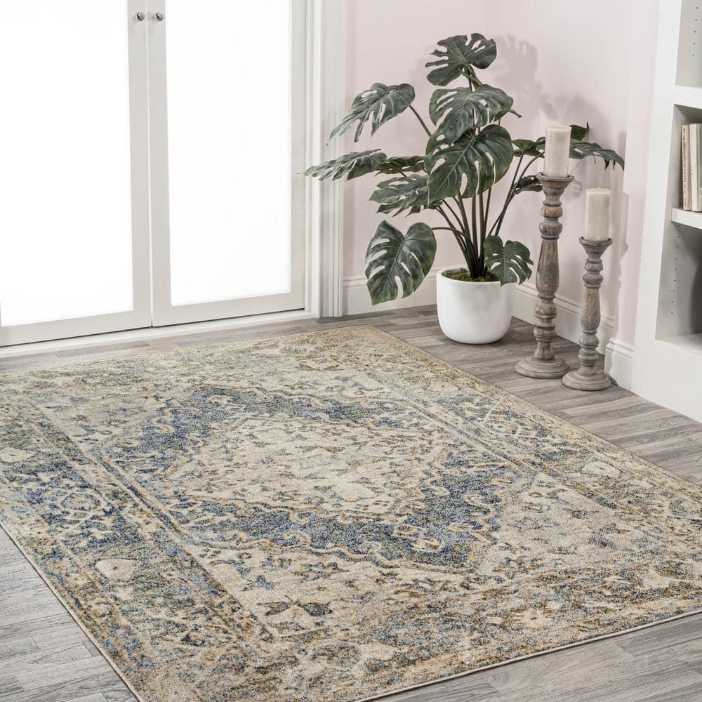 JONATHAN Y Pavel Distressed Medallion Low-Pile Machine-Washable Blue/Cream 4 ft. x 6 ft. Area Rug