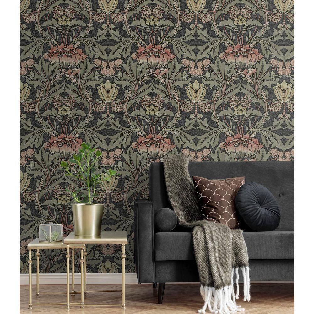 Charcoal and Rosewood Floral Vinyl-Coated Wallpaper Roll