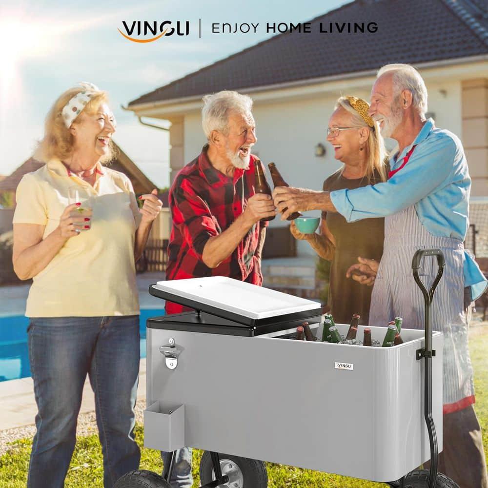 VINGLI 80qt. Wagon Rolling Cooler Ice Chest w/Long Handle and 10" Wheels, Patio Cooler, Outdoor Park Cart on Wheels