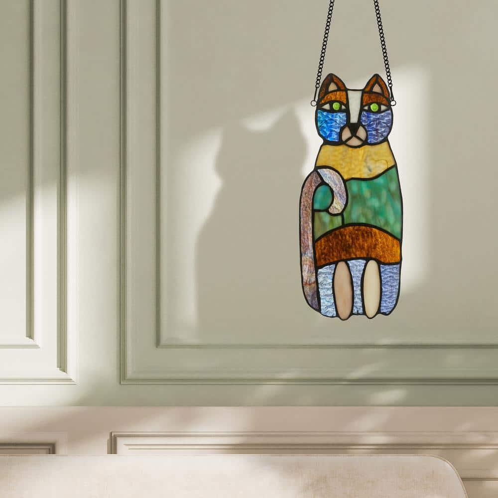 River of Goods  13-in. Crazy Cat Stained Glass Window Panel Purple