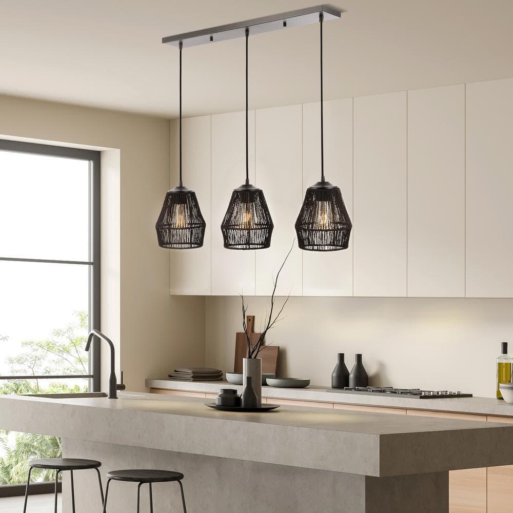 30" 3-Light Ibiza Island Woven Rope/Metal Bohemian Coastal Linear Pendant (Includes LED Light Bulb) Black - JONATHAN Y