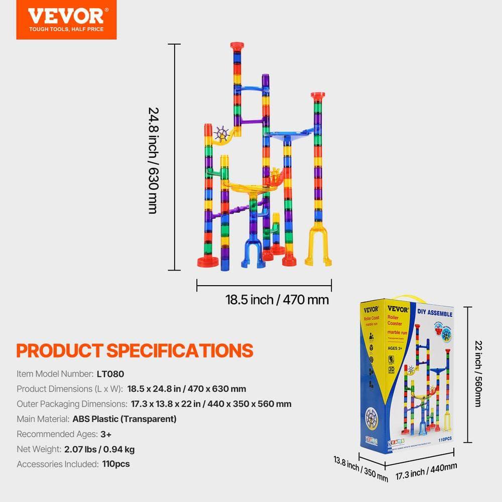 VEVOR Marble Run Set, 110 Piece Marble Maze Building Block Brain Game, with 10 Glow in the Dark Marbles + 20 Glass Marbles