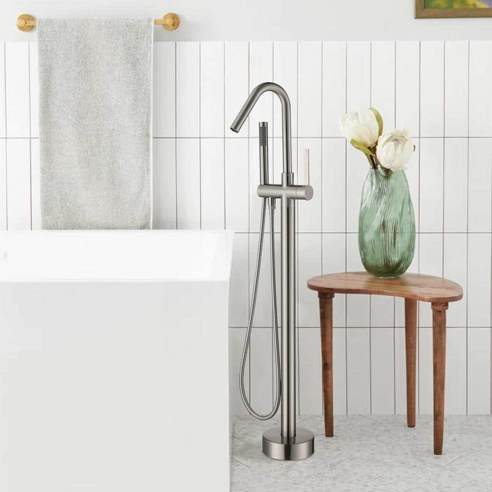 Double Handle Floor Mounted Freestanding Tub Filler With Handshower