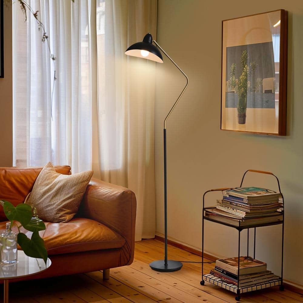 Brightech Swoop 69 in. Mid Century Modern Adjustable Curved Black Standing Lamp with Metal Bowl Shade and Gold Finish - LED Bulb Included
