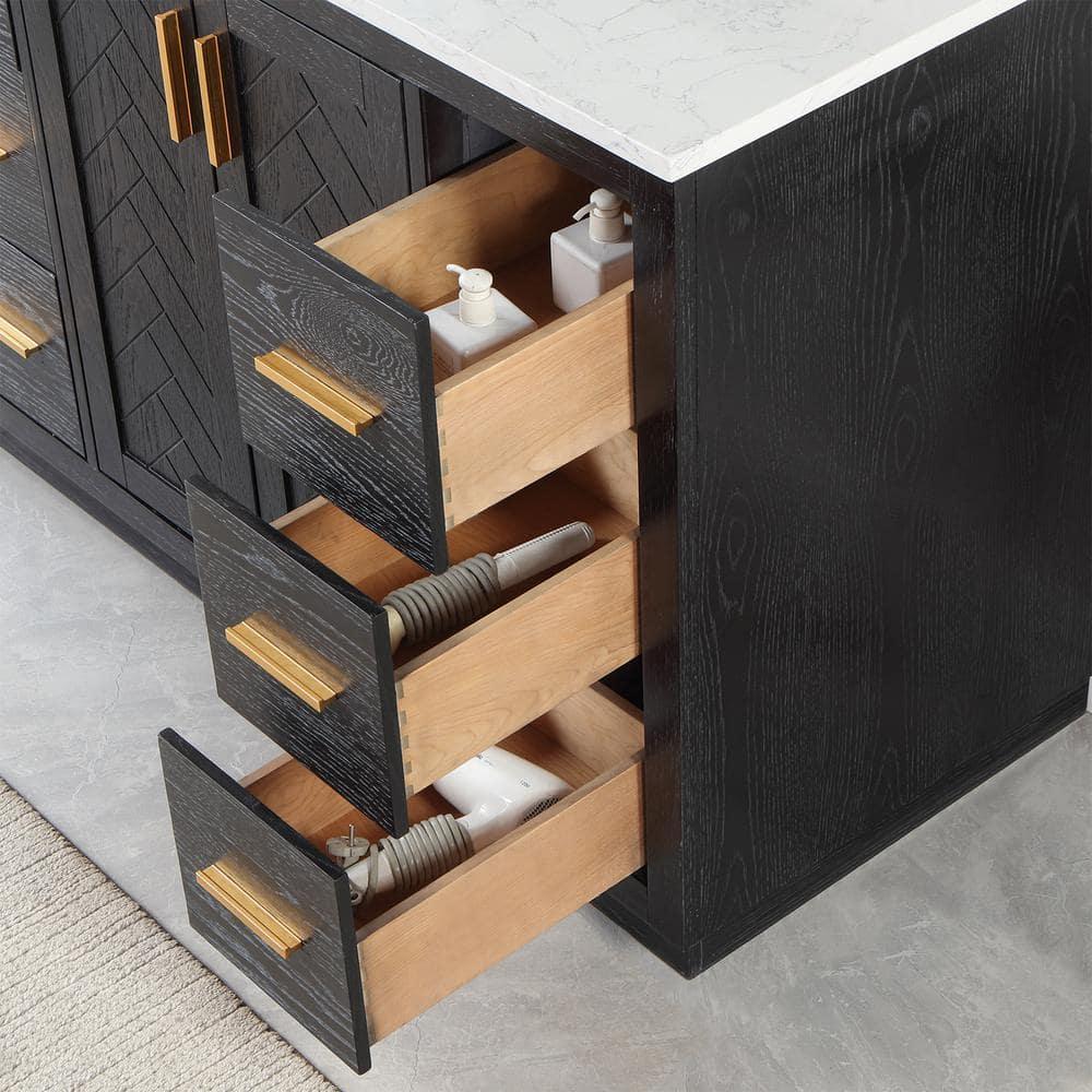 Gazsi 48" Single Bathroom Vanity Set in Black Oak with Grain White Composite Stone Countertop without Mirror