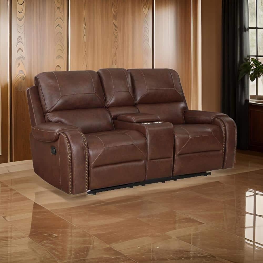 Benjara  76 in. Dean Dual Manual Recliner Loveseat, Cupholders, Brown Faux Leather