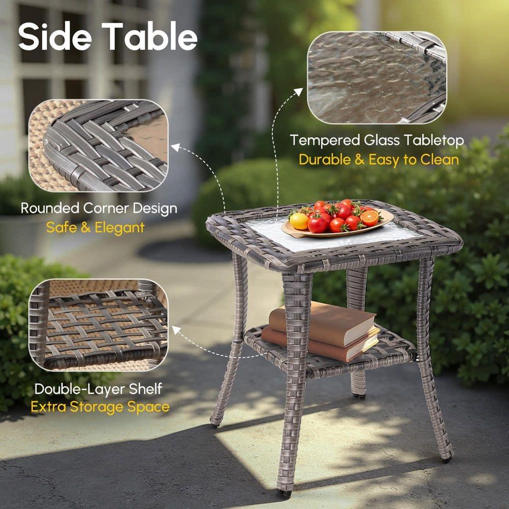 Ovios Venice 11pc Wicker Outdoor Patio Furniture Set Conversation Sofa with a Metal Fire Pit Swivel Chairs and Dark Gray Cushions