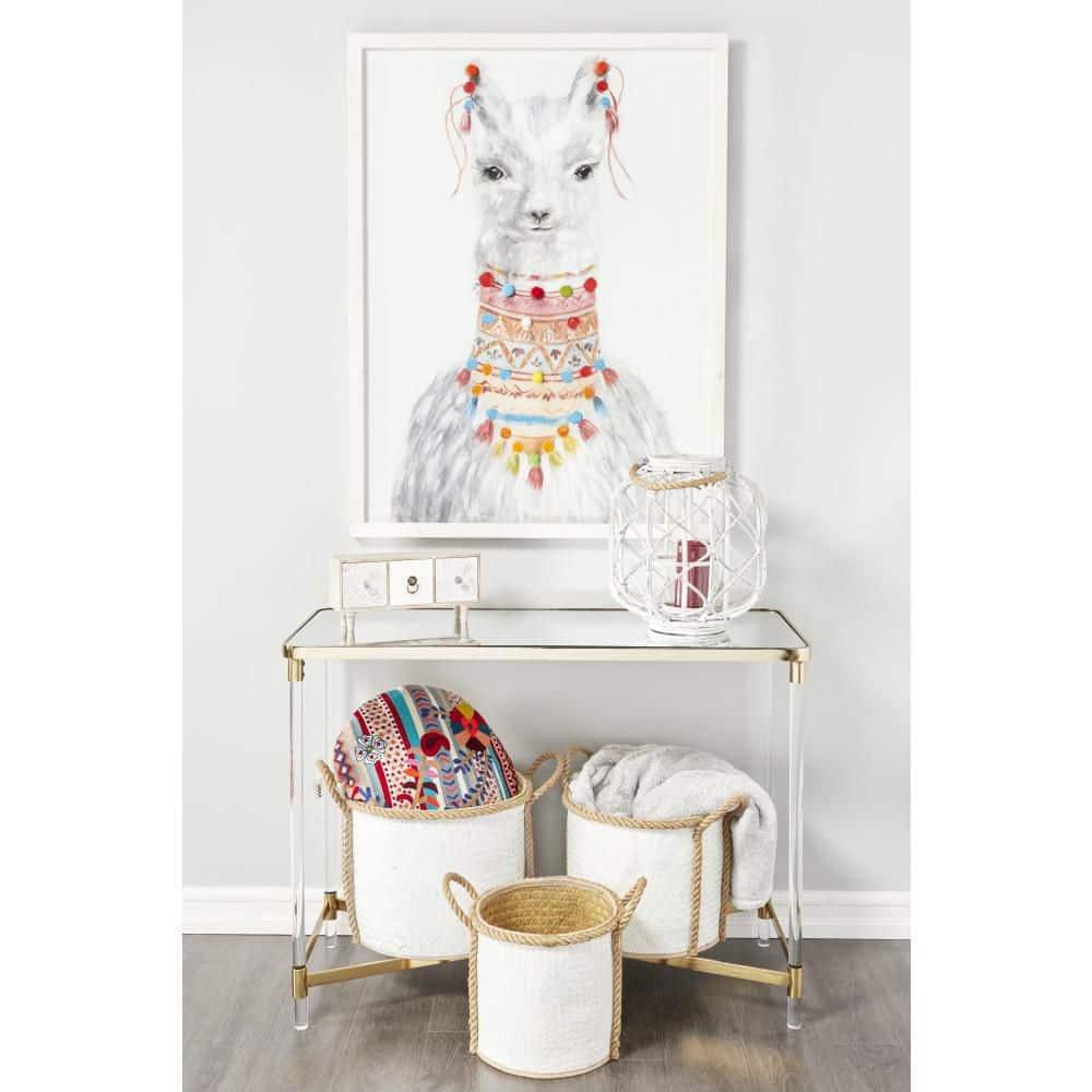 Decmode Large Round Woven Rattan White Lantern with Burlap Jute Rope Handle and Glass Insert, 15” x 15”