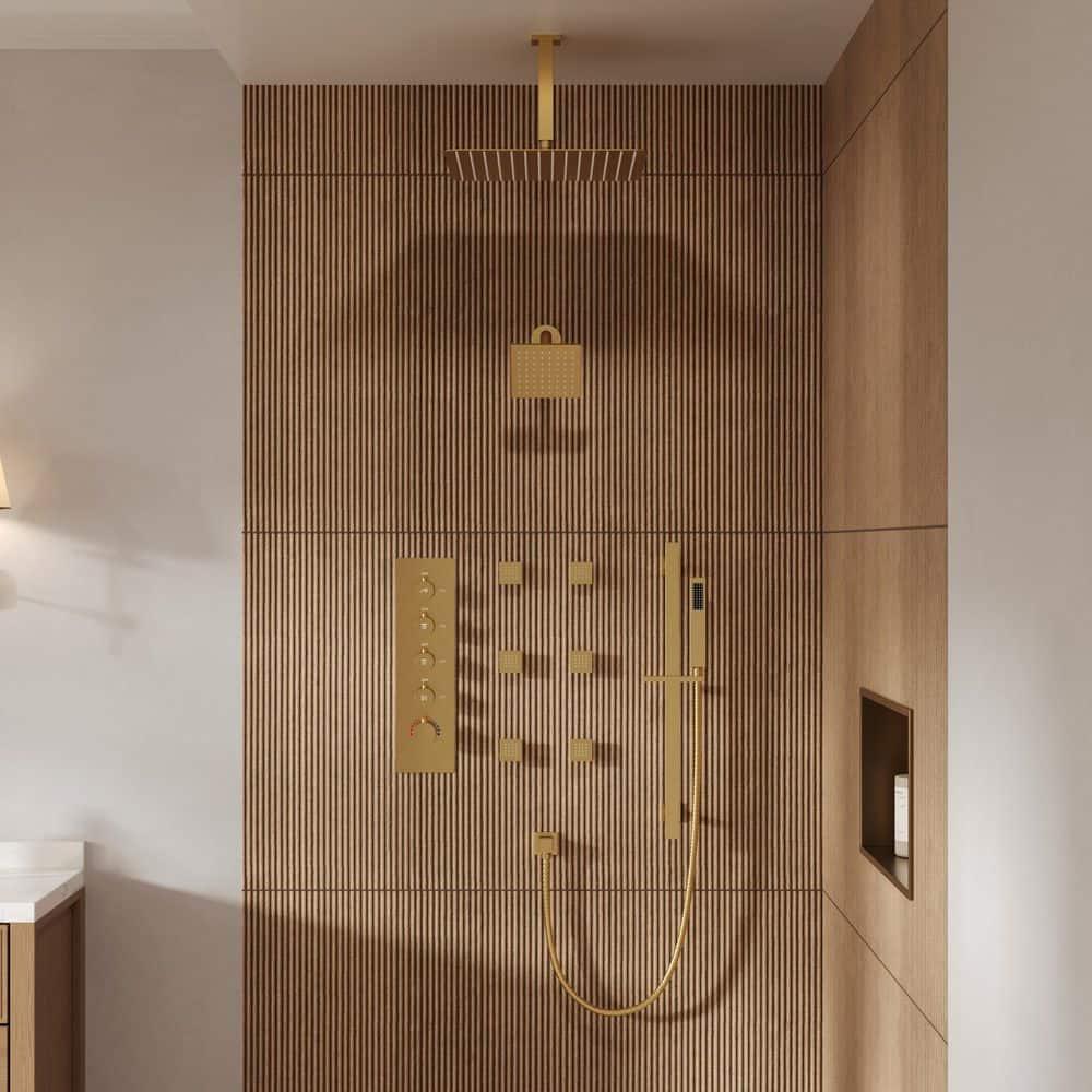 GRANDJOY 16 inch Complete Dual Shower Head System, Celling Mounted Shower Faucet Set with Hand Shower Head, Rough in-Valve, 6 Massage Body Jets - Brushed Gold