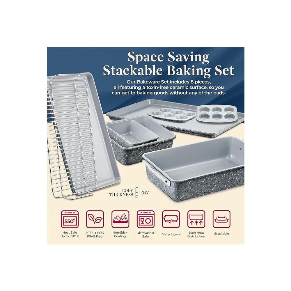 Bakken Swiss 8-Piece Stackable Bakeware Set - Ceramic Non-Stick Coating - MARBLE