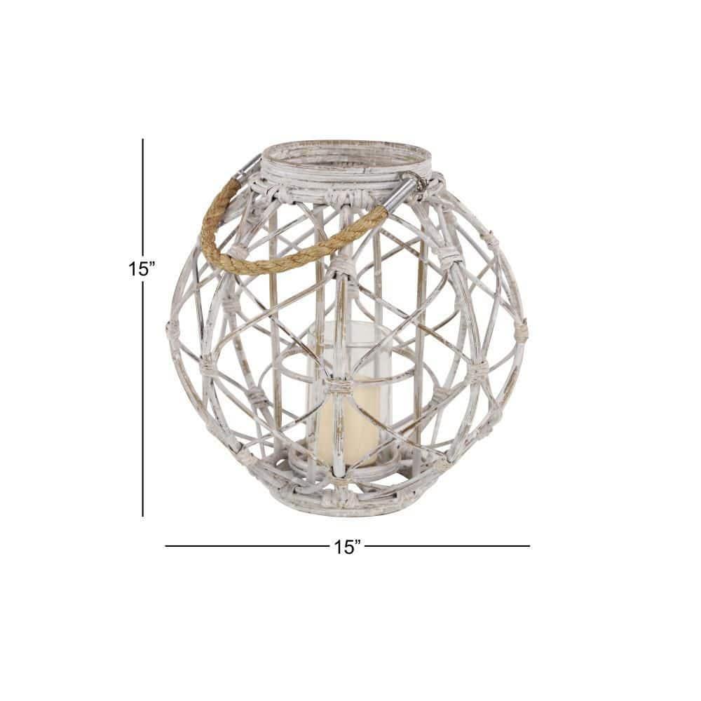 Decmode Large Round Woven Rattan White Lantern with Burlap Jute Rope Handle and Glass Insert, 15” x 15”