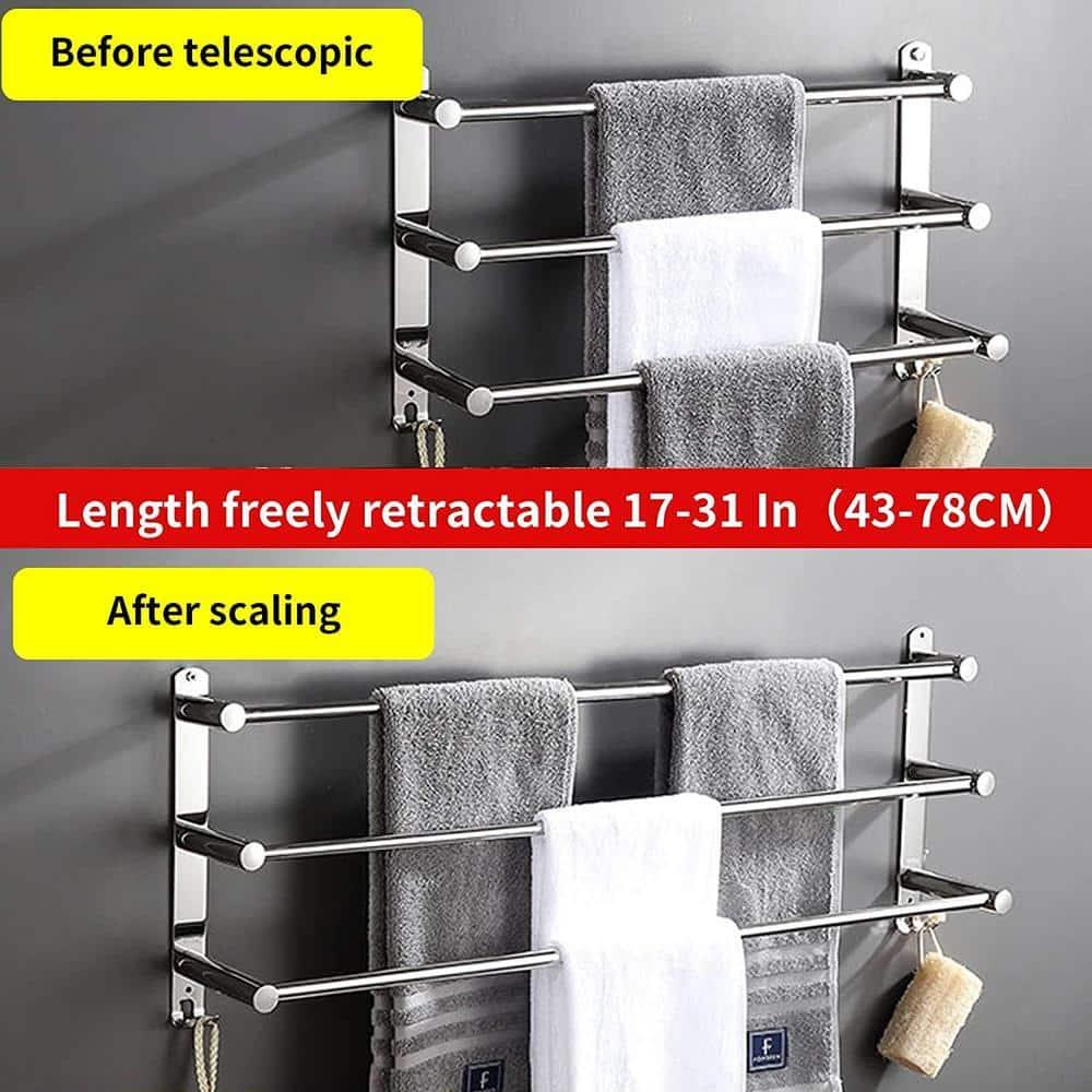Towel Bars Hanger Freely Retractable 20-30 Inche Stainless Steel 304 Bath Rack Strong 3M Adhesive Bathroom Wall Free mounting Hole-Installing washroom Kitchen Space Saving 3 Bars