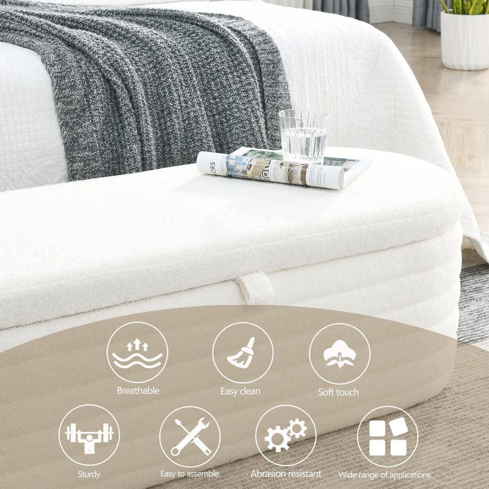 Modern Oval Storage Ottoman Bench, Upholstered Boucle Teddy Fabric End Of Bed Bench With Storage, End Of Bed Stool With Safety Hinge For Bedroom, Living Room, Entryway