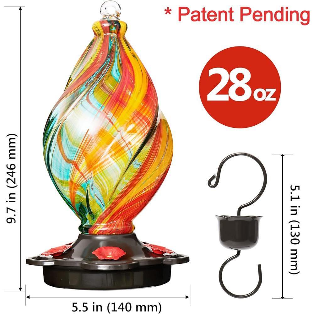 LUJII Spiral Shaped Hand Blown Glass Hummingbird Feeder with Ant Moat for Outdoors Hanging, 28 fl.oz, Leak Proof & Rustproof (Ribbon)