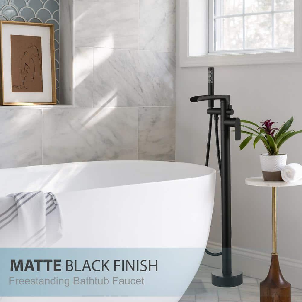 MOGFCT Waterfall Freestanding Bathtub Faucet Set Single Handle Floor Mount Tub Filler with Hand Shower ,Matte Black