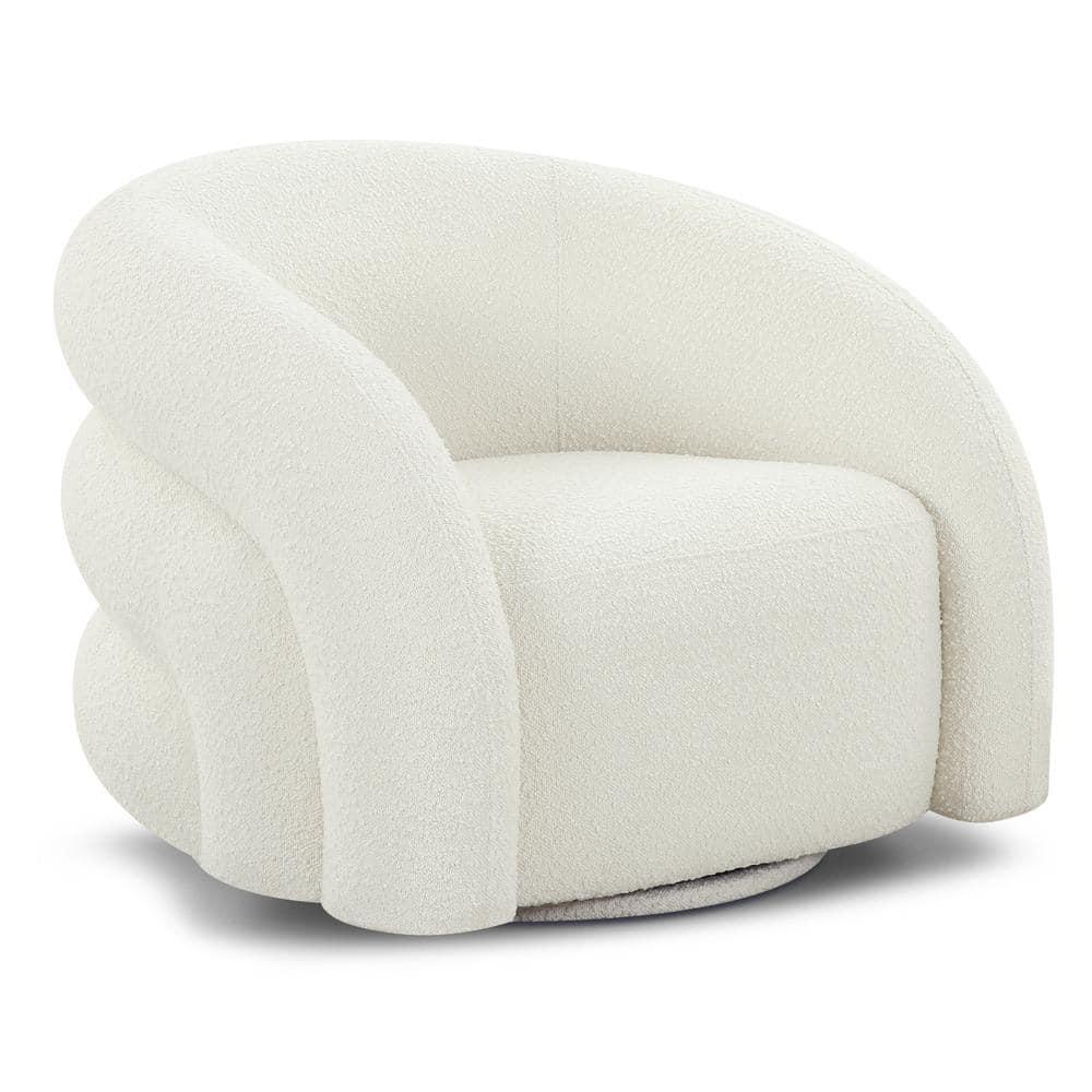 Ivory White Boucle Swivel Accent Chair with Wood Base