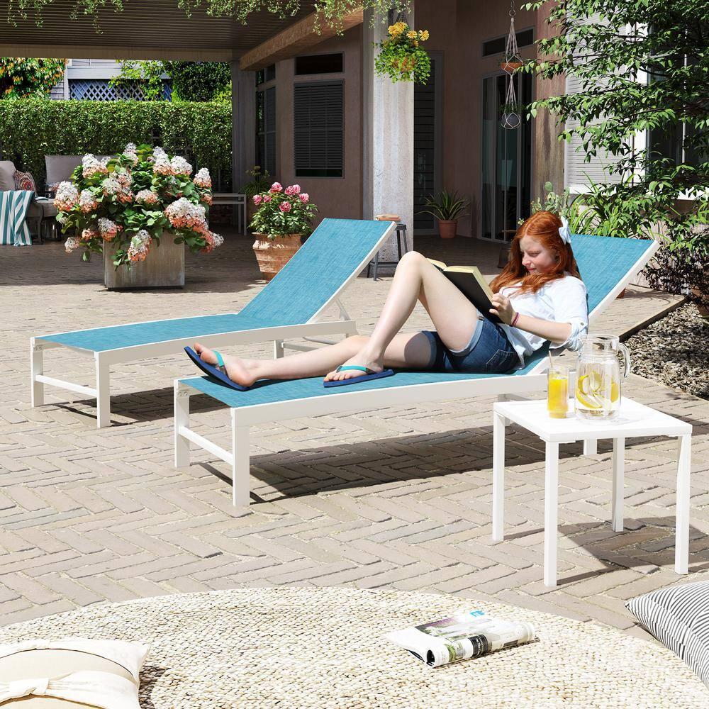 Crestlive Products Set of 3 Outdoor Aluminum Chaise Lounge Chairs and Table, Blue