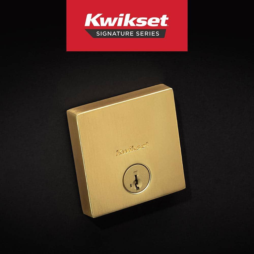 Kwikset Downtown Deadbolt Lock, Satin Brass Square Exterior Keyed Front Entry Door, Pick Resistant SmartKey Rekey Security, Single Cylinder Dead Bolt, with Microban Protection