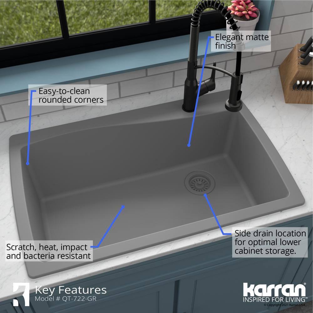 Karran Karran Drop-in Quartz Composite 34'' X 22'' 1-Hole Single Bowl Kitchen Sink QT-722-GR