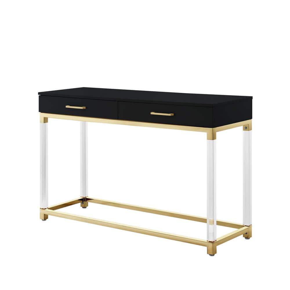 Inspired Home Alena Console Table 2 Drawers High Gloss Acrylic Legs Gold Stainless Steel Base Modern Design, Black/Gold