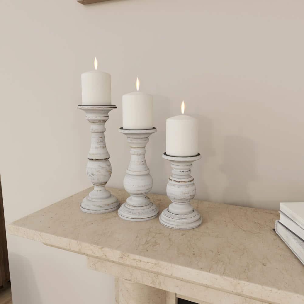 Set of 3 Rustic Pillar Candle Holder White - Olivia & May: Elegant Mango Wood, Sturdy Base, Indoor Use