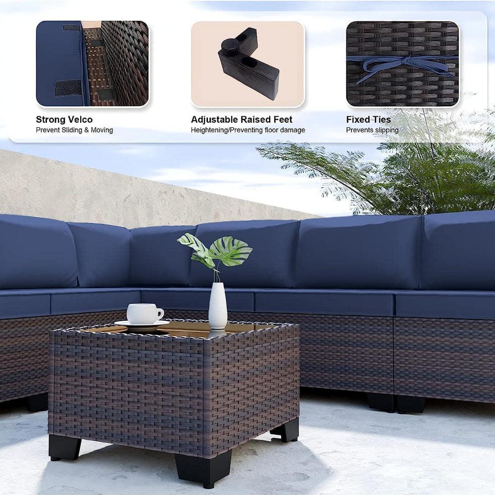 Kullavik 9 Pieces Outdoor Patio Furniture Set Outdoor Sectional Rattan Sofa Set Brown Manual Wicker Patio Conversation Set with Navy Blue Cushions,1 Tempered Glass Tea Table and Cushions Covers