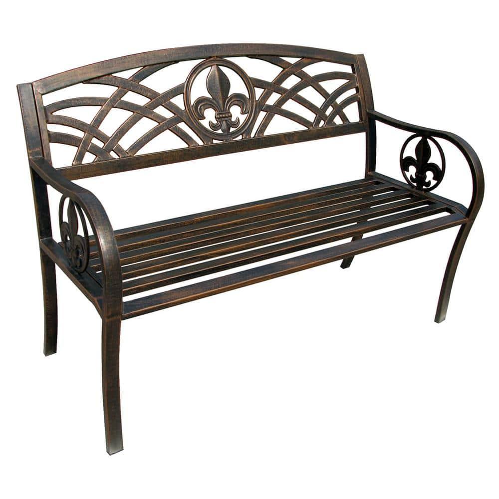 Leigh Country Outdoor Metal Patio Bench with Fleur-De-Lis - Bronze