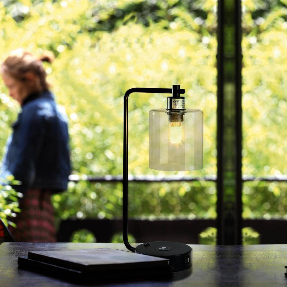 19" Clear Table Lamp with Wireless Charger and Glass Shade