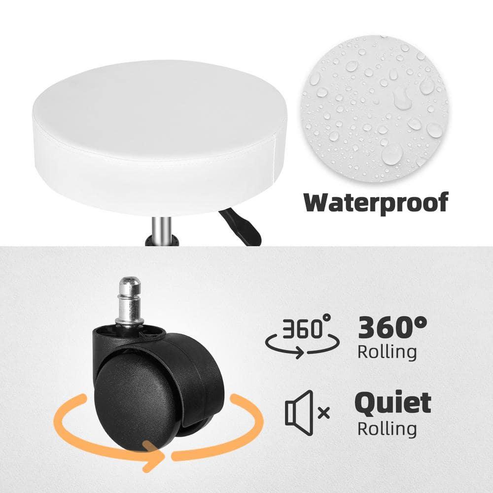 MDHAND Adjustable Swivel Round Bar Stool, PU Leather Hydraulic Rolling Facial Massage Tattoo Spa Chair, 5 Wheel Rotate 360 Degrees, White