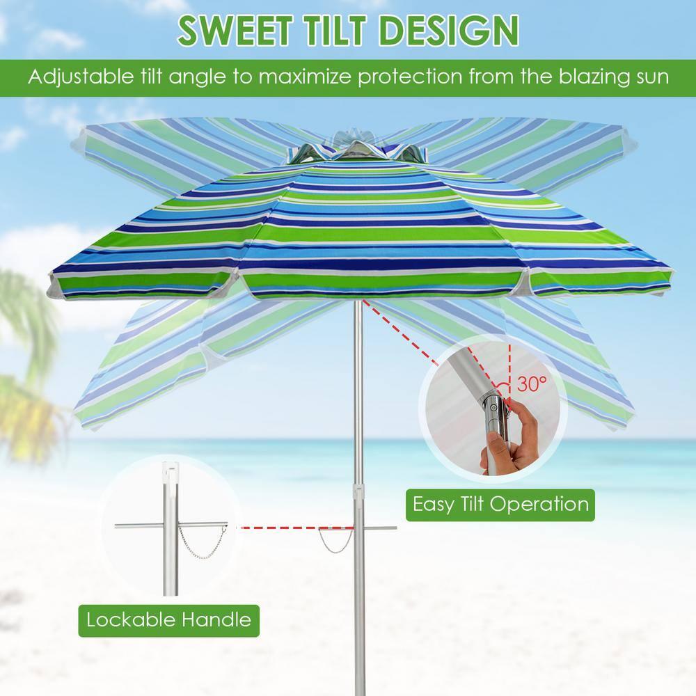 Tangkula 6.5Ft Beach Umbrella w/ Tilt Mechanism Sand Anchor Carrying Bag Blue + Green
