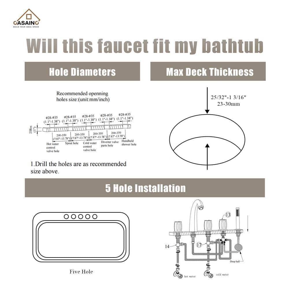 Brushed Nickel 3-Handle Deck Mount Roman Tub Faucet with Hand Shower