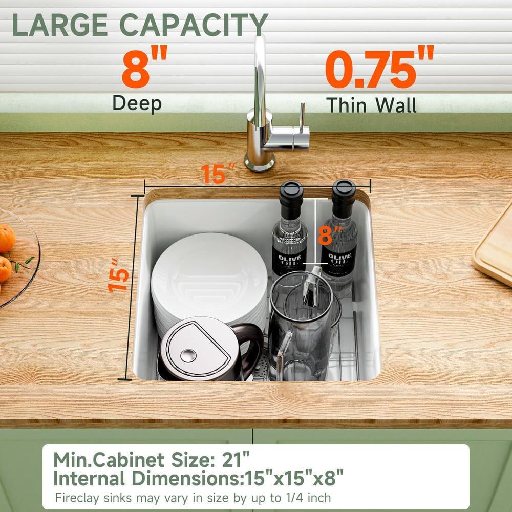 18" L x 18" W Single Bowl Fireclay Kitchen Sinks White with Bottom Grids and Basket Strainer